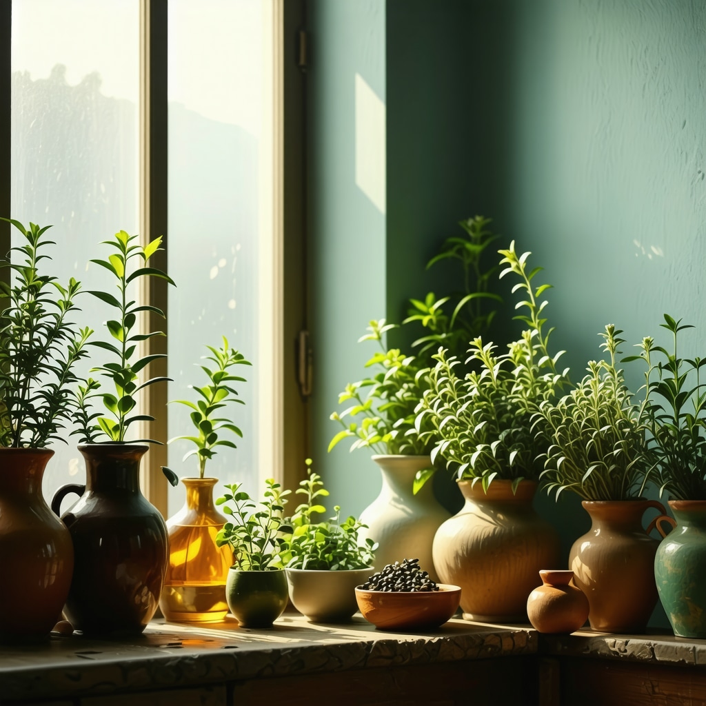 Traditional Chilean medicinal herbs like ruda, boldo, and albahaca in a sunlit kitchen symbolizing ancestral health rituals