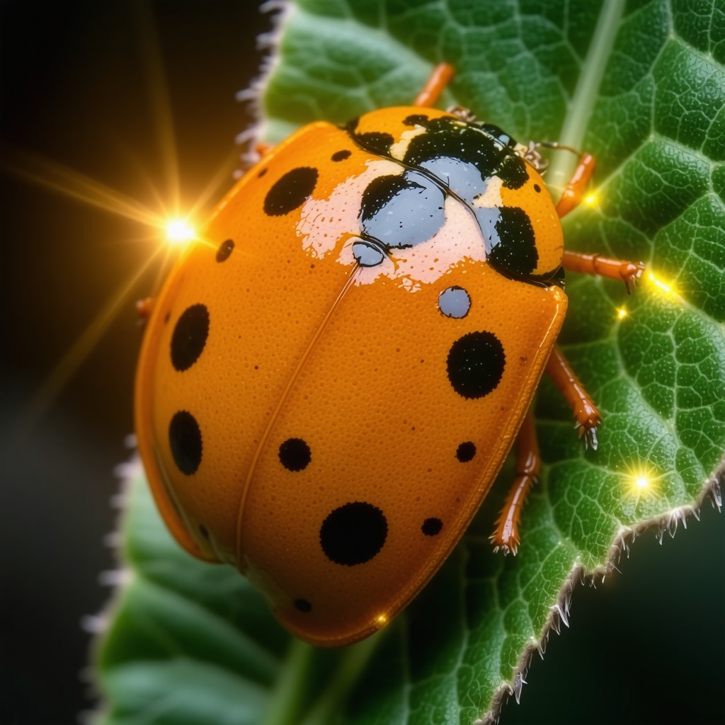 Detailed close-up of a ladybug with seven spots representing spiritual chakras and transformation
