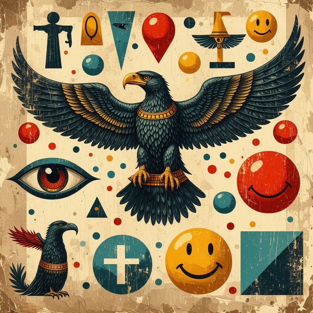 Collage blending ancient symbols such as Eye of Horus and Roman eagle with modern digital symbols like emojis and logos