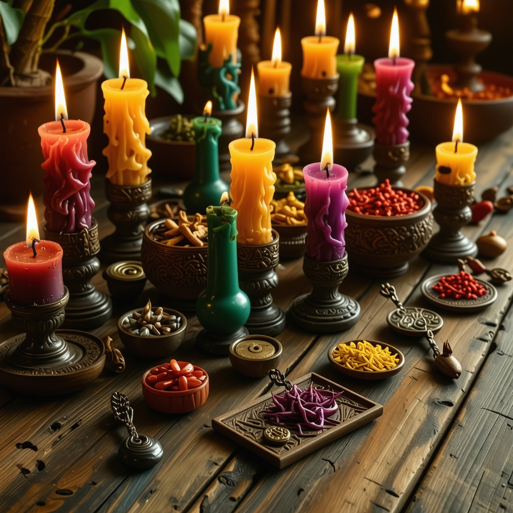 Colombian ritual scene featuring colorful candles, symbolic herbs, and traditional amulets