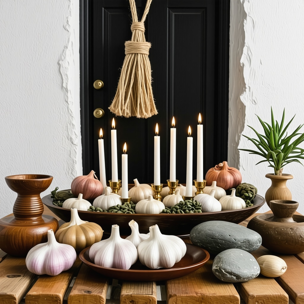 Traditional Colombian protective symbols including white candles, garlic, and natural stones on a home altar