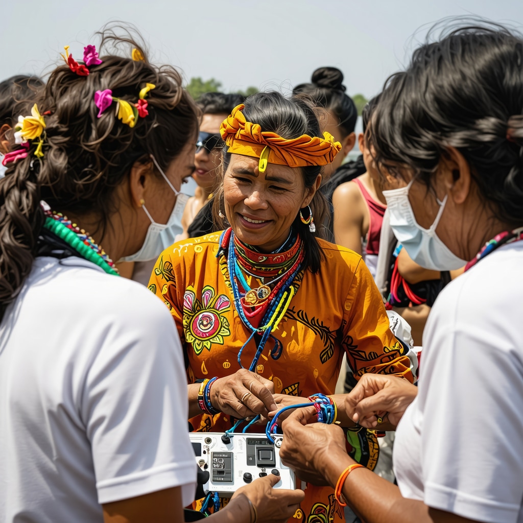 Community members performing traditional rituals alongside modern earthquake preparedness technology in an outdoor setting