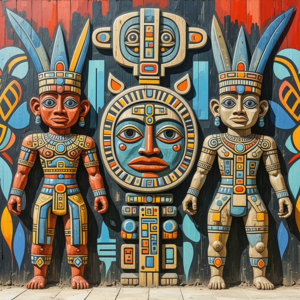 Mural combining traditional Maya symbols Hunab Ku and K'in with modern urban art style