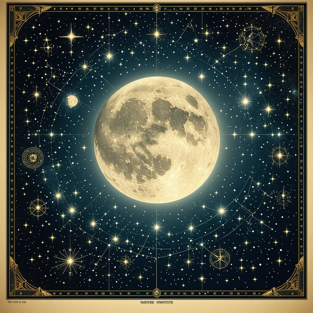 Night sky showing stars, full moon, and symbolic archetypes overlay