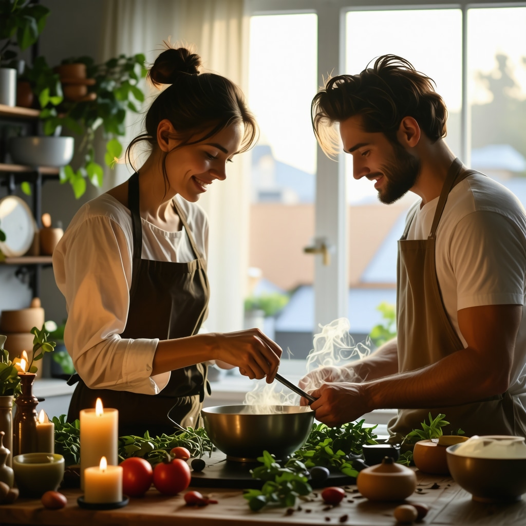 Couple cooking in a warm kitchen with symbolic herbs and candles