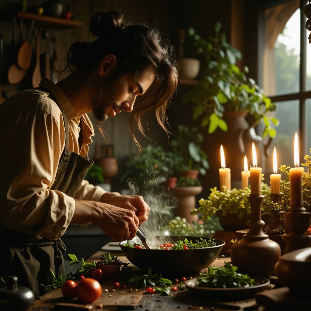 Couple cooking together with herbs and symbolic utensils in warm kitchen light