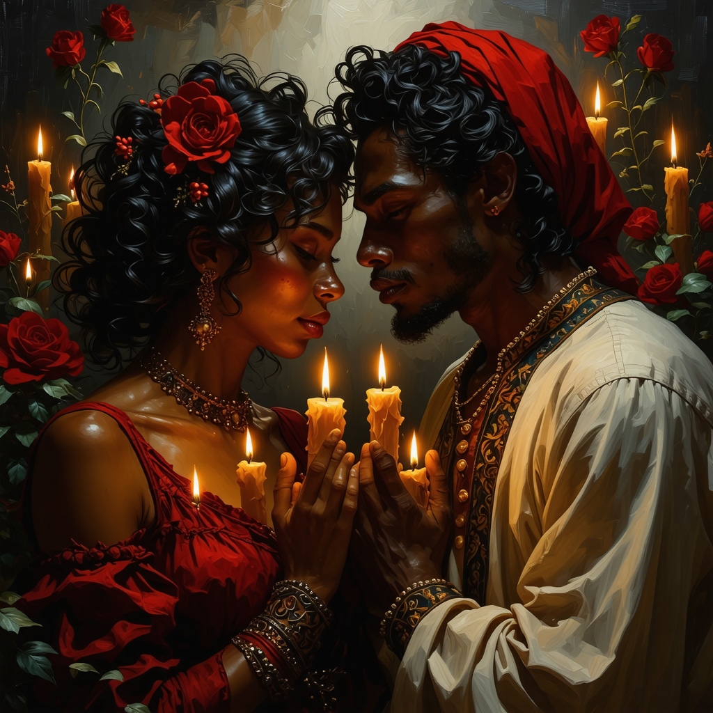 Artistic image showing a Cuban couple engaged in love rituals with symbolic elements like candles and herbs
