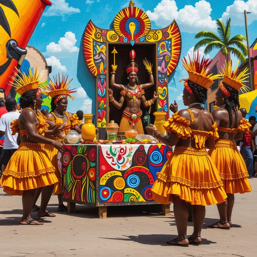 Colorful Cuban street with Santería altar and dancers illustrating Afro-Cuban spiritual symbols
