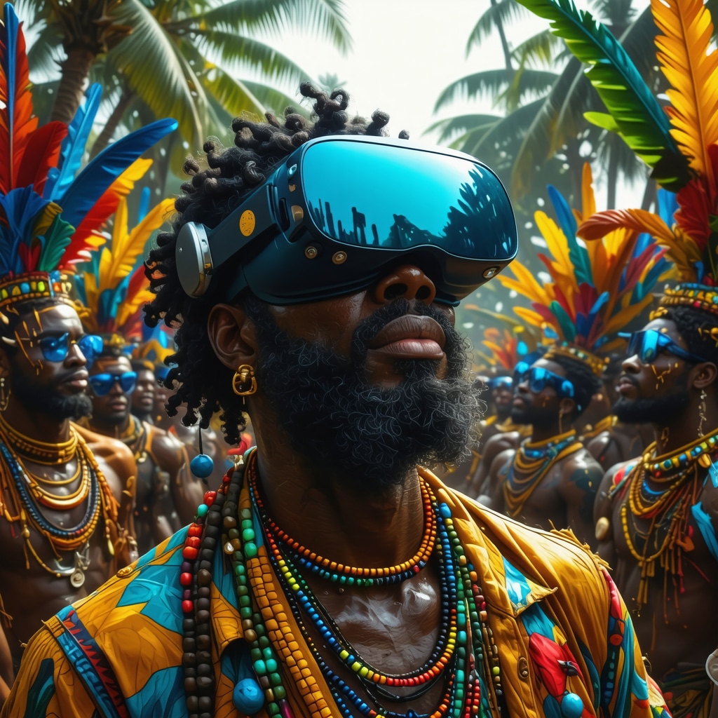 Illustration of Cuban cultural ritual blending traditional symbols with virtual reality technology
