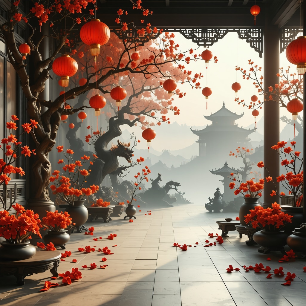 Chinese New Year decorations blending traditional and modern digital elements symbolizing cultural adaptation