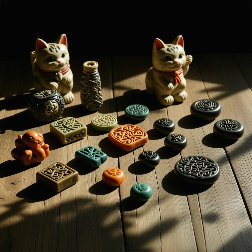 Collection of diverse amulets and talismans from various cultures displayed on a wooden surface