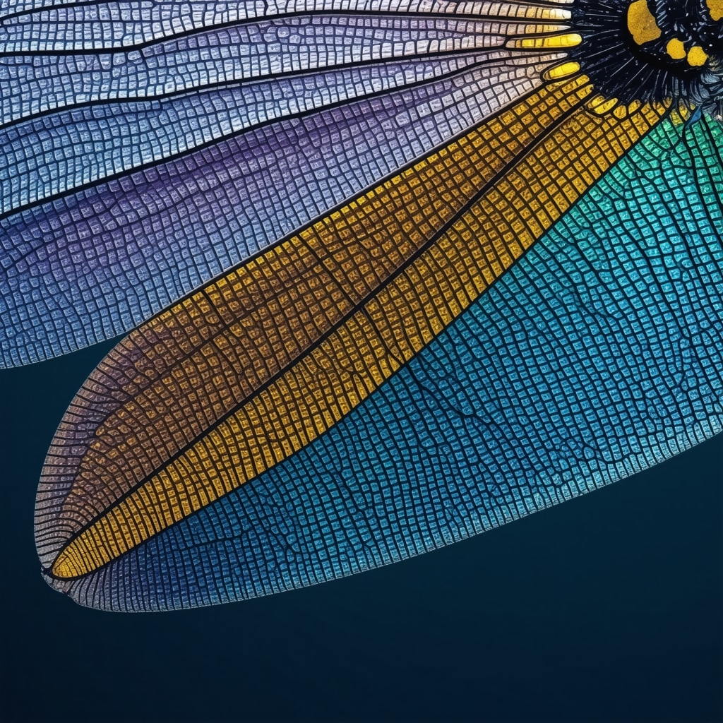 Imagen macro de las alas de una libélula mostrando su estructura nanométrica e iridiscencia, inspiración para innovaciones biomiméticas