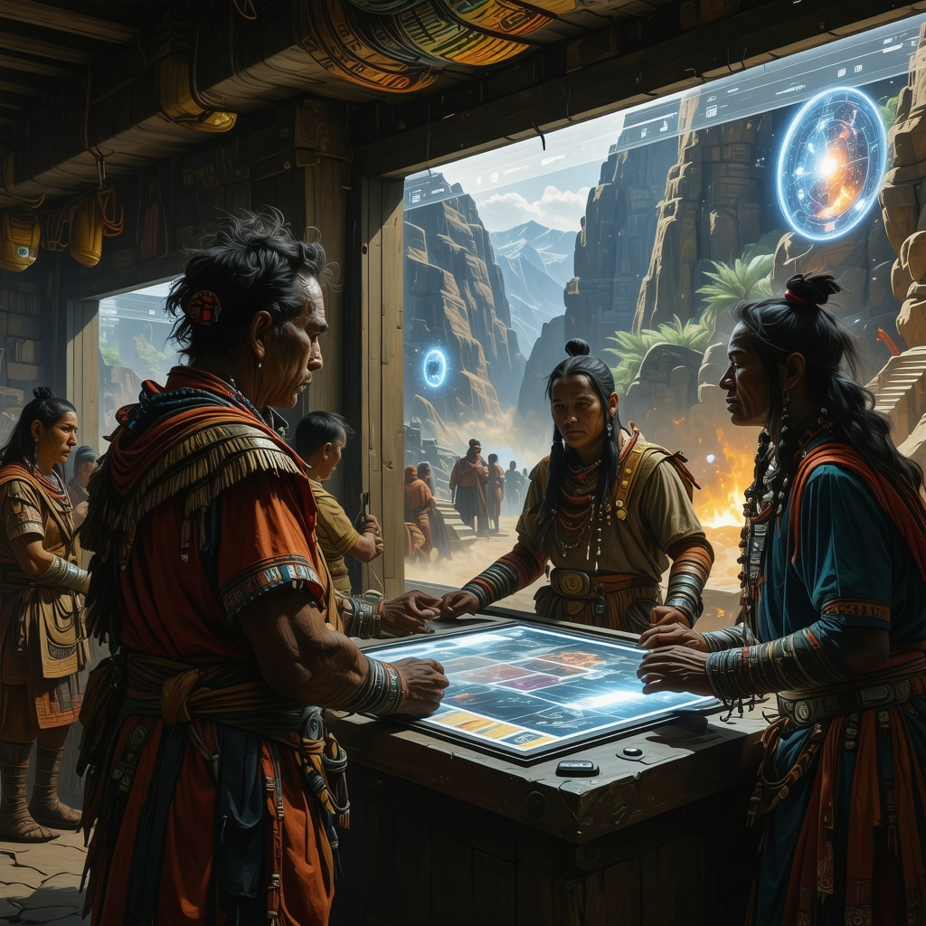 Futuristic digital archive displaying holograms of Inca myths with indigenous Andean people interacting