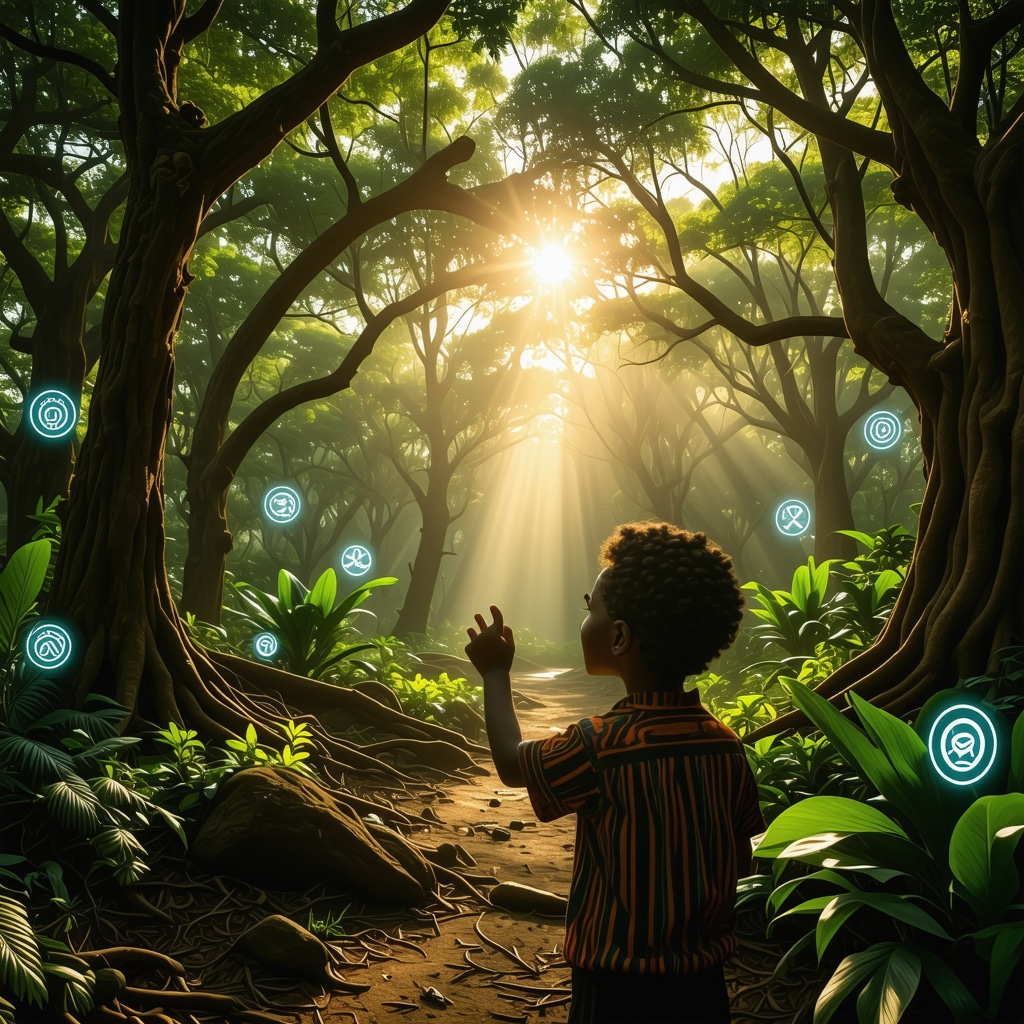 Augmented reality visualization of Aboriginal Dreamtime myths with indigenous symbols and Australian nature scenery