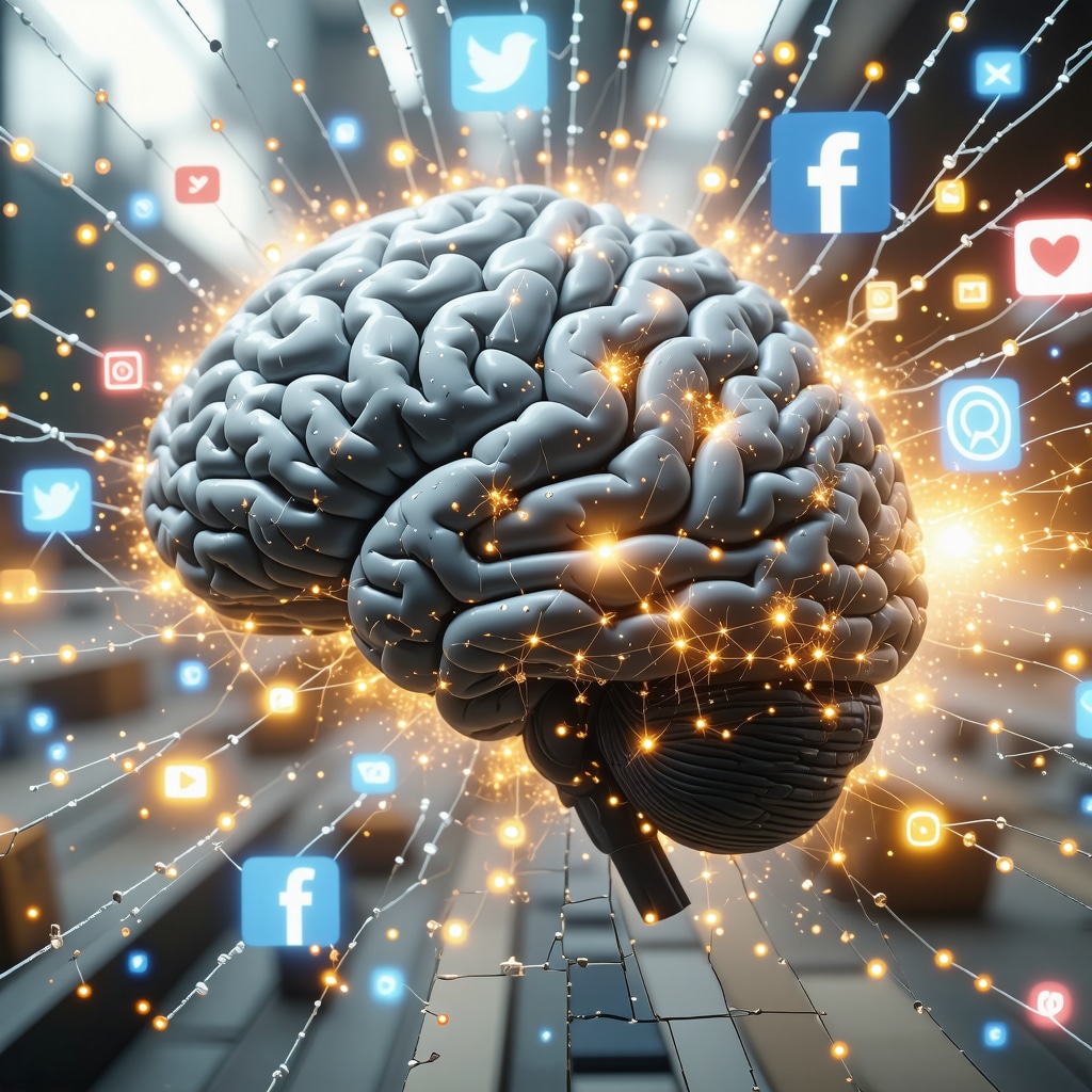 Digital brain interface showing neural activity with social media symbols and shattered mirrors representing superstition