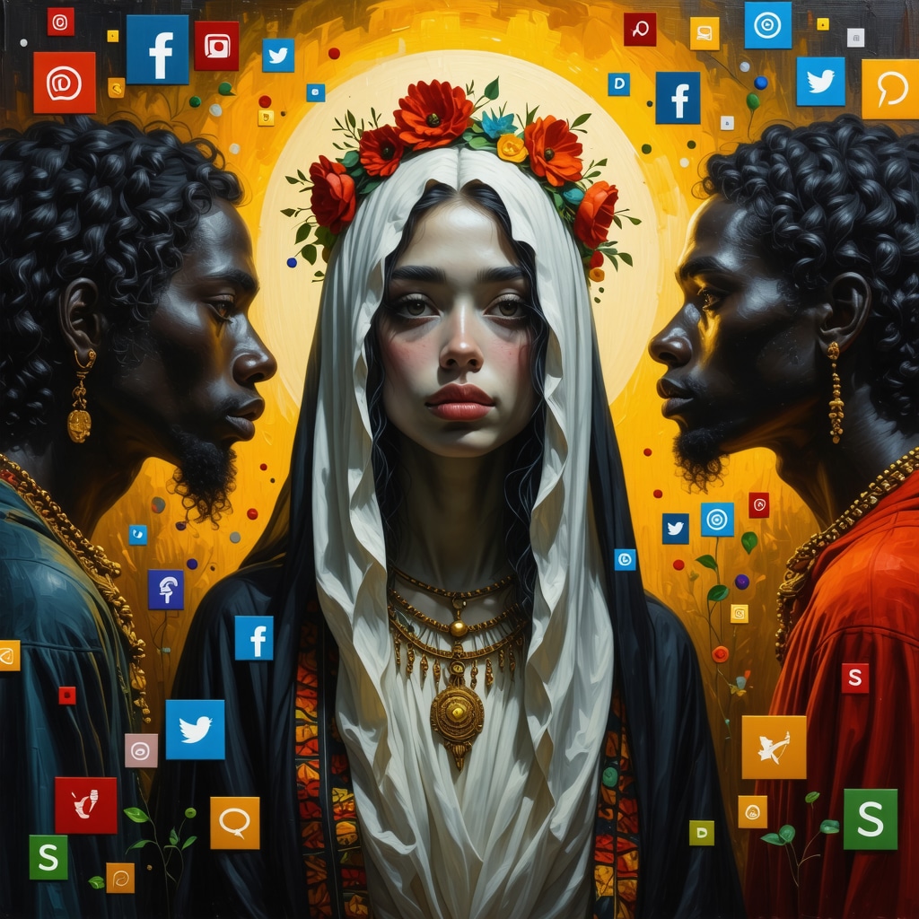 Collage illustrating traditional Nicaraguan legends intertwined with digital technology and social media symbols