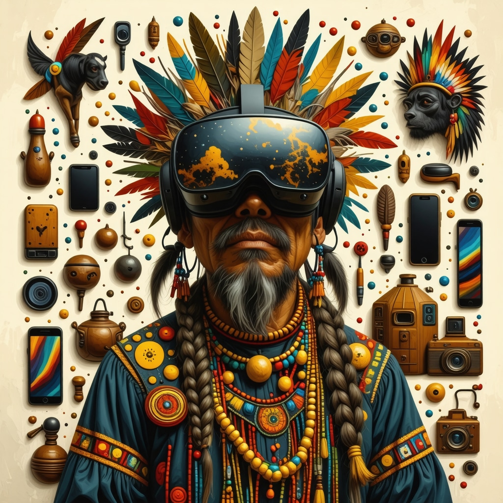 Digital collage combining Guatemalan folklore motifs with modern digital technology icons