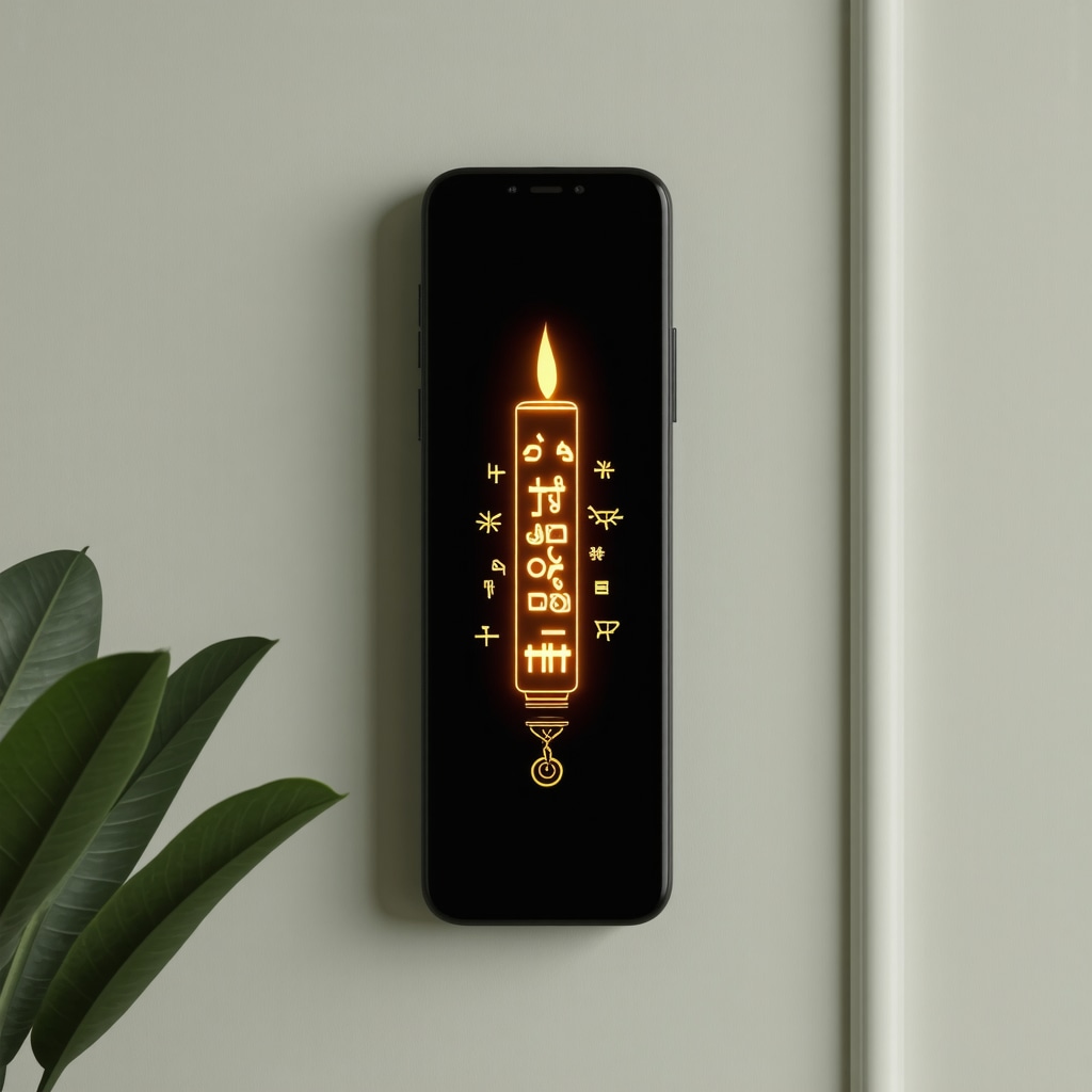 Smartphone displaying a digital mezuzah with glowing Jewish symbols in a cozy home environment