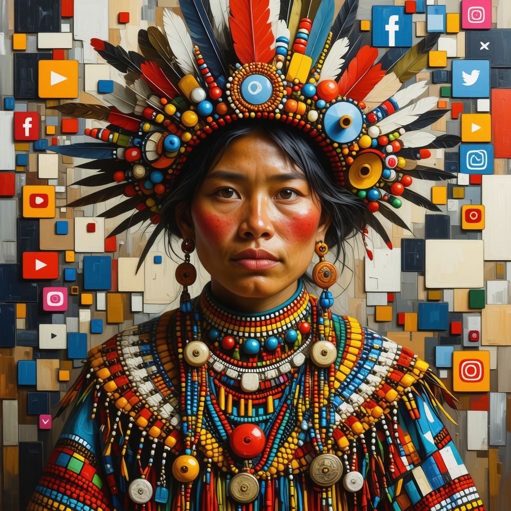 Artistic representation of Peruvian traditional rituals intertwined with digital technology symbols