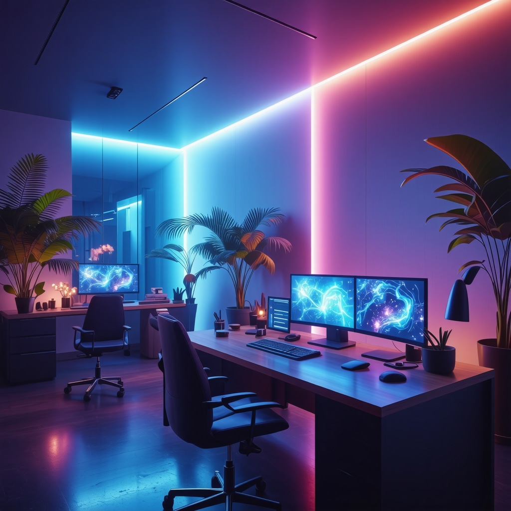 Modern workspace showing colored lighting and VR headset illustrating color rituals and neuroscience integration