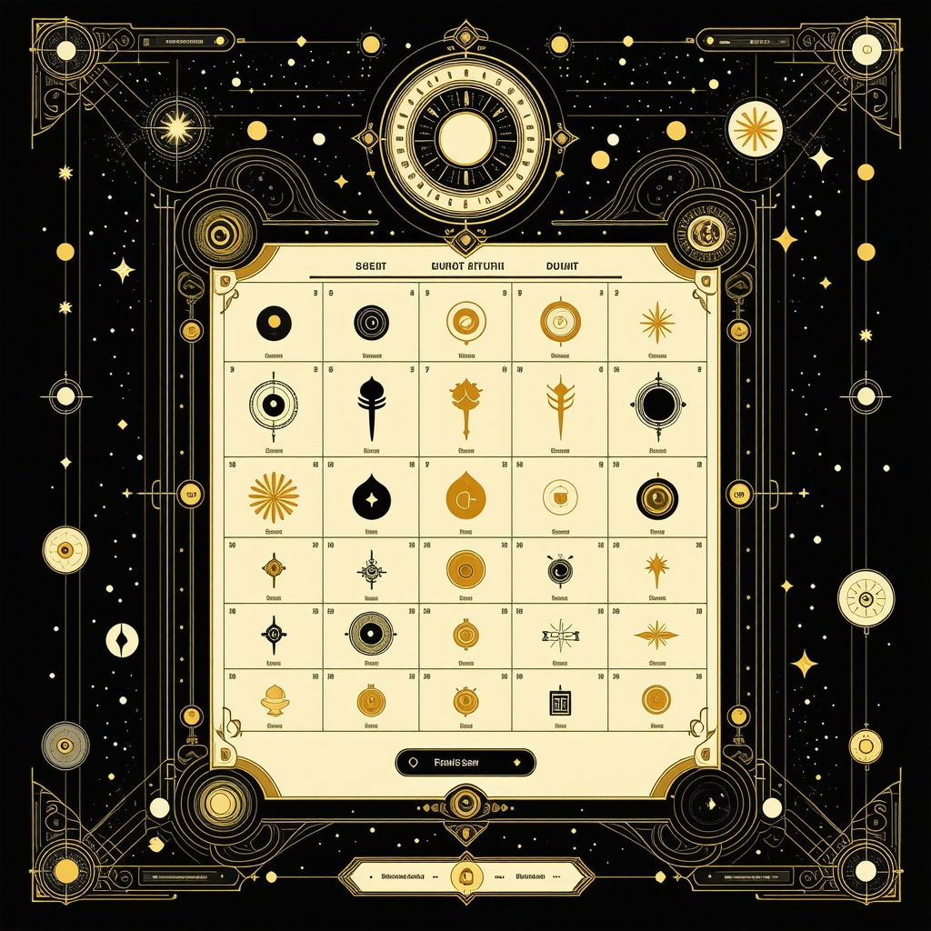 Interactive digital calendar displaying monthly superstition rituals with traditional symbols and modern design