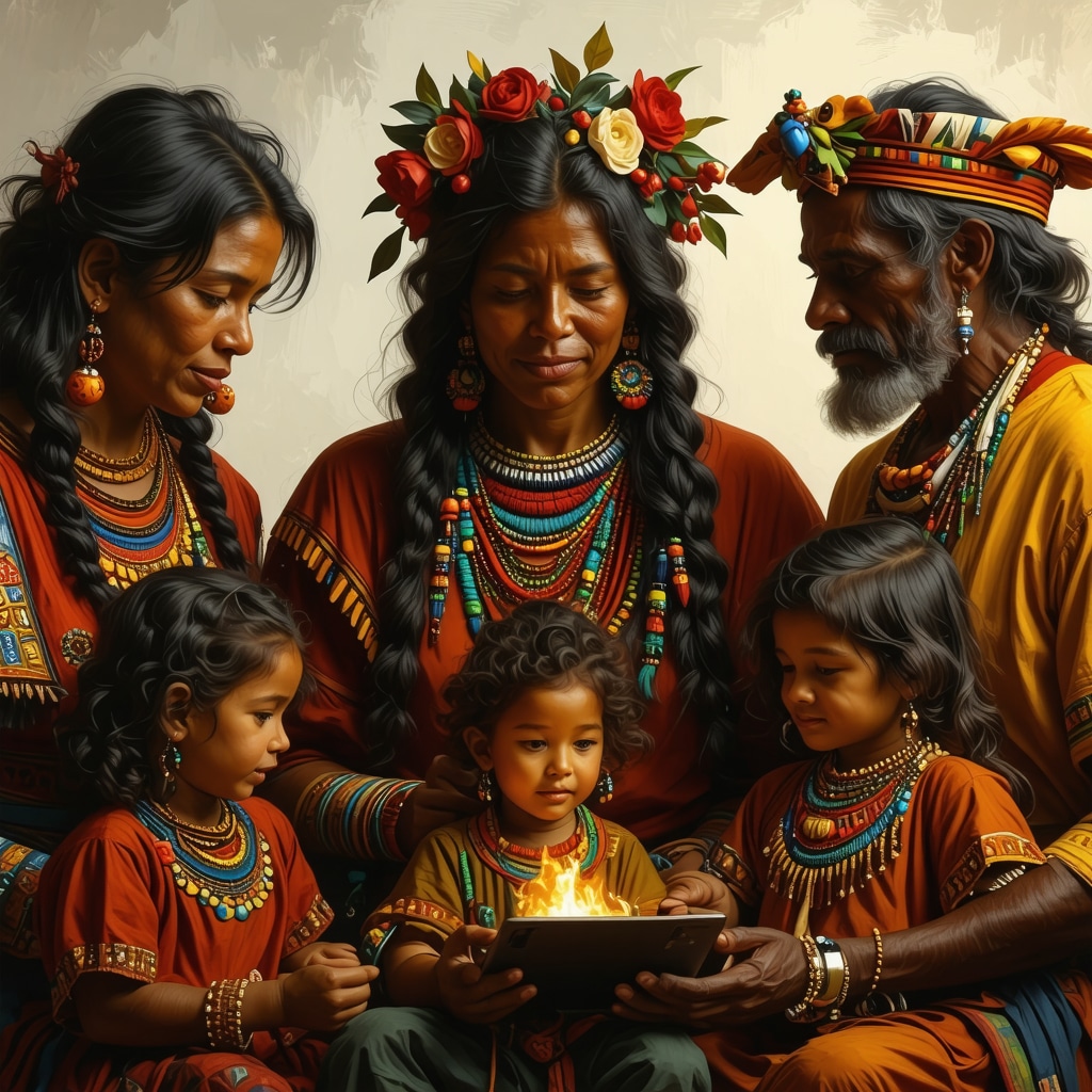 Latin American family members sharing ancestral myths with digital technology in a colorful collage