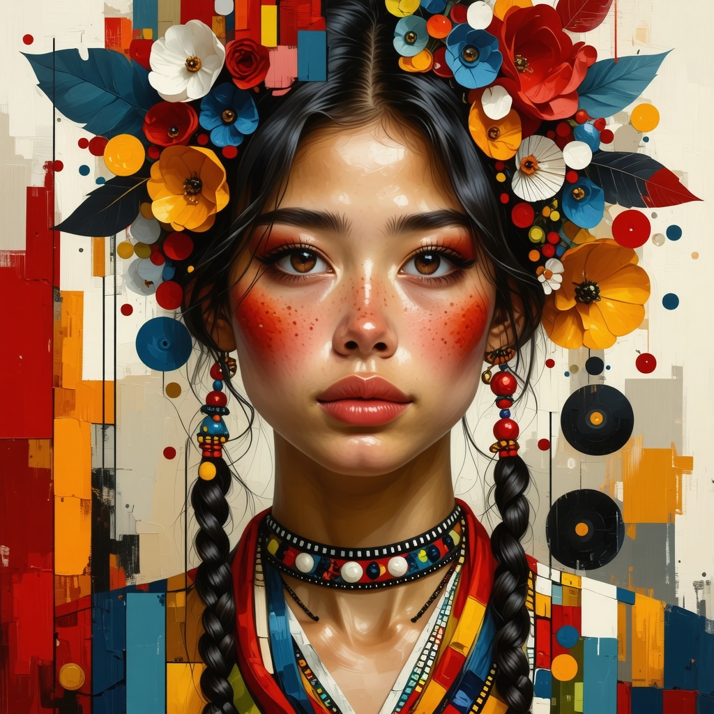 Illustration showing Chilean folkloric symbols blending with digital technology motifs