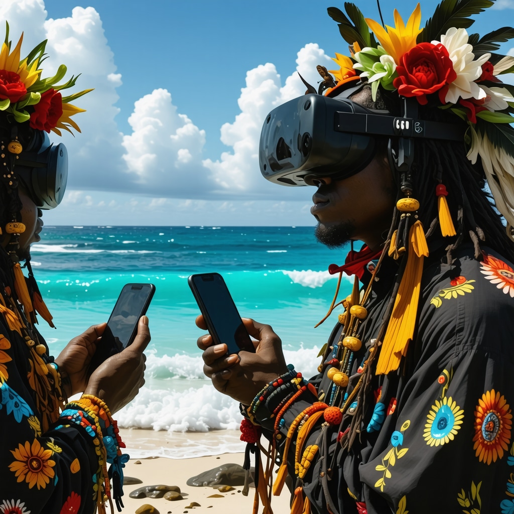 Illustration of Oceanic traditional ceremonies integrated with digital devices representing cultural preservation
