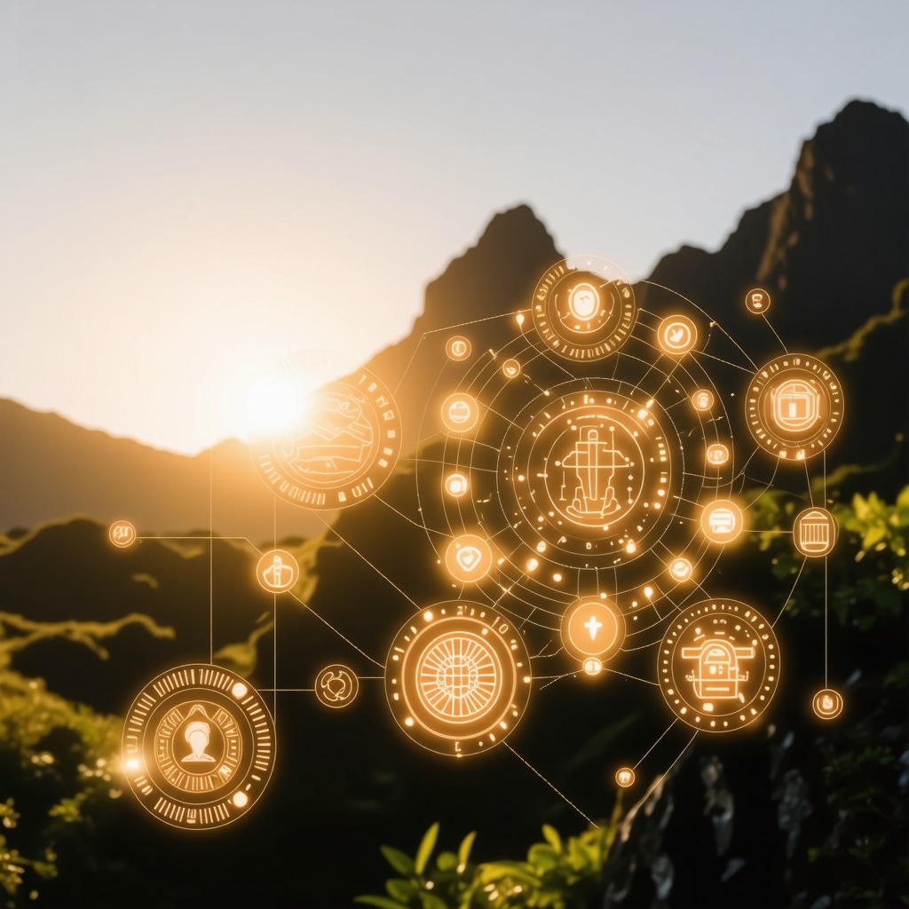 Abstract digital interface blending Maori symbols and blockchain icons representing ethical heritage management