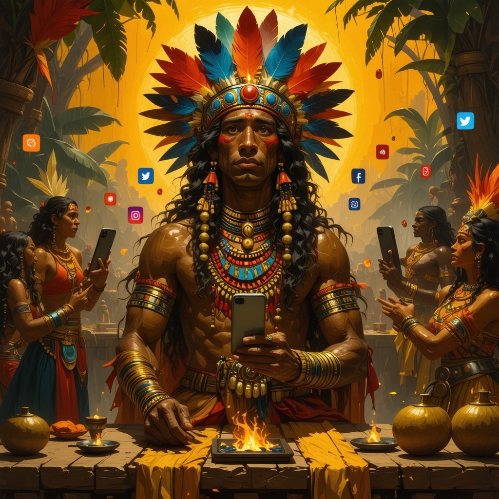 Digital art showing Venezuelan mythological characters interacting with modern digital devices and social media symbols