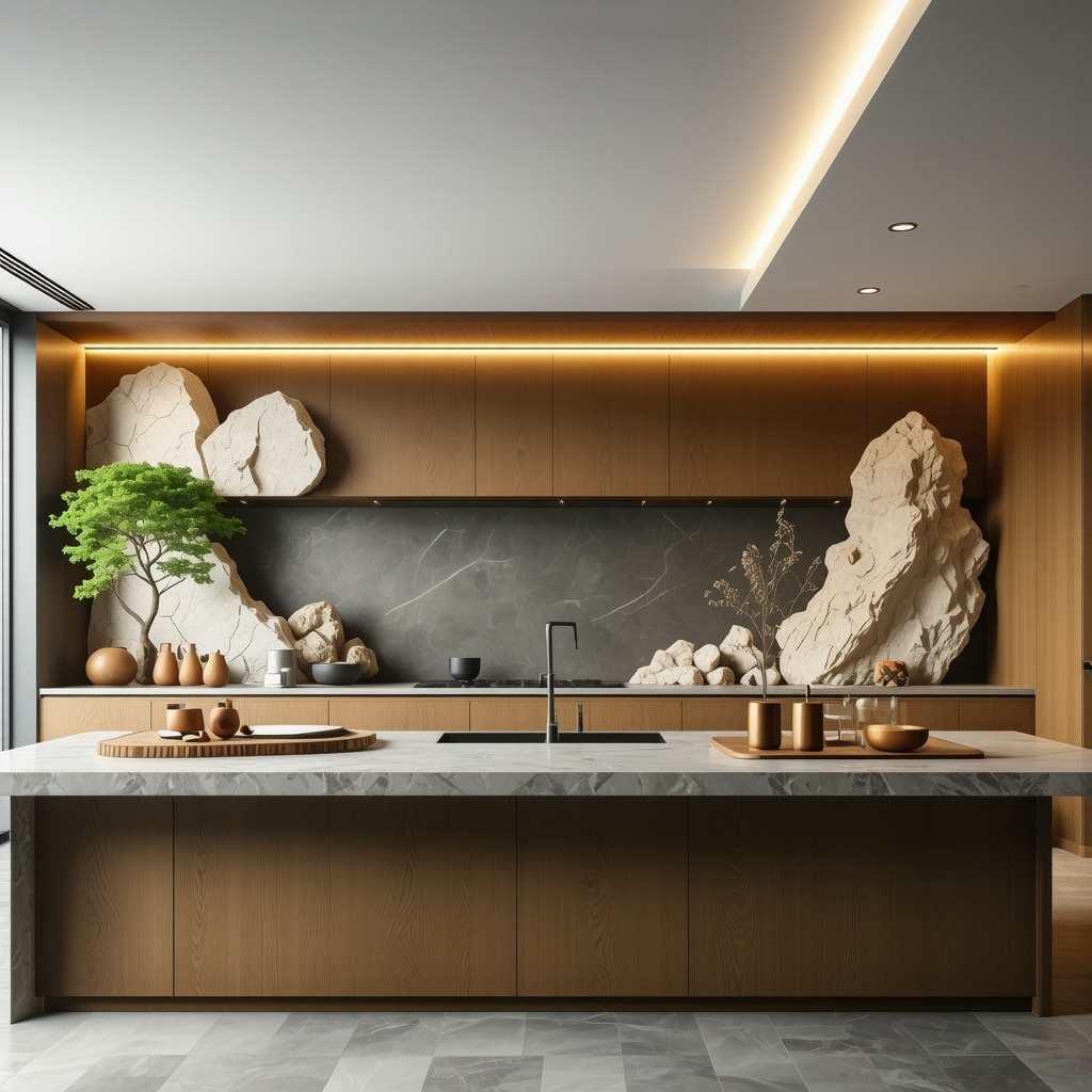 Kitchen interior integrating natural materials and symbolic patterns with adaptive lighting for energy flow