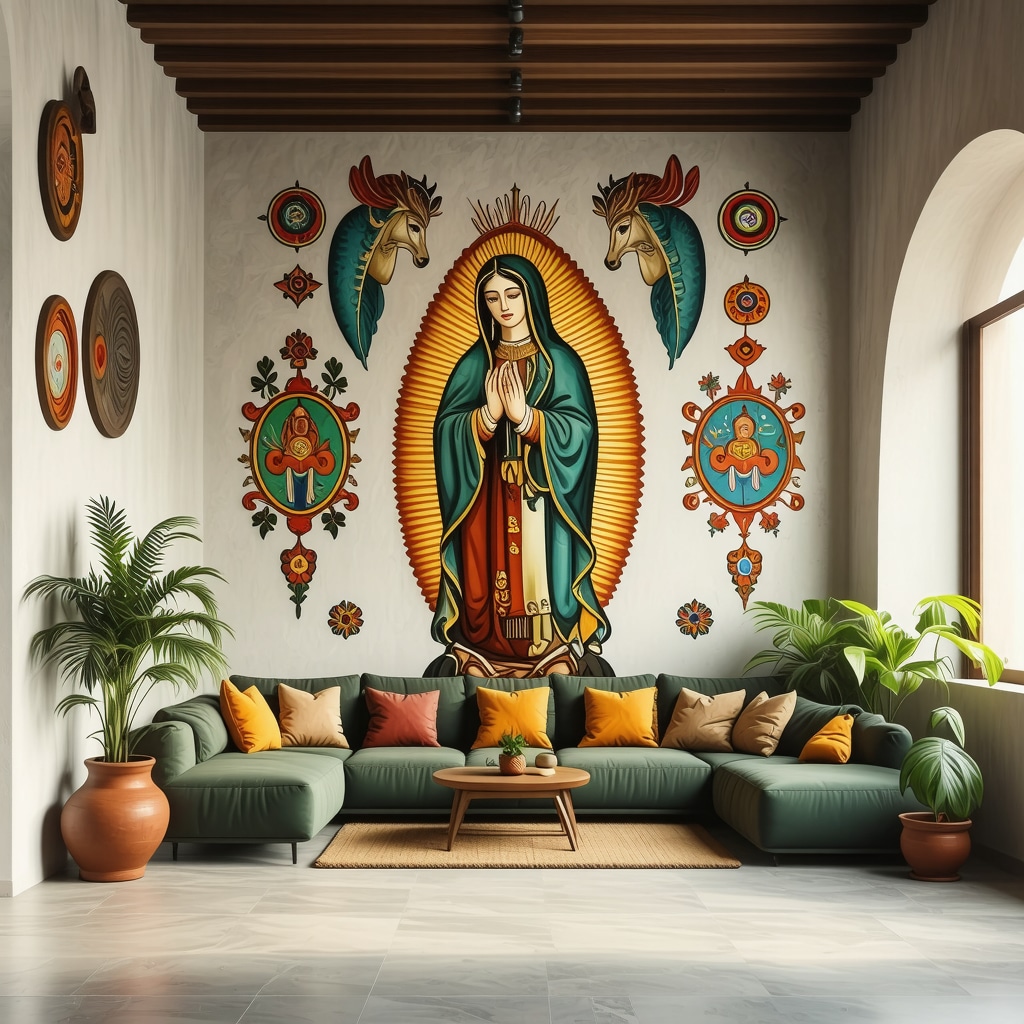 Interior moderno con símbolos ancestrales hispanos para protección y energía positiva