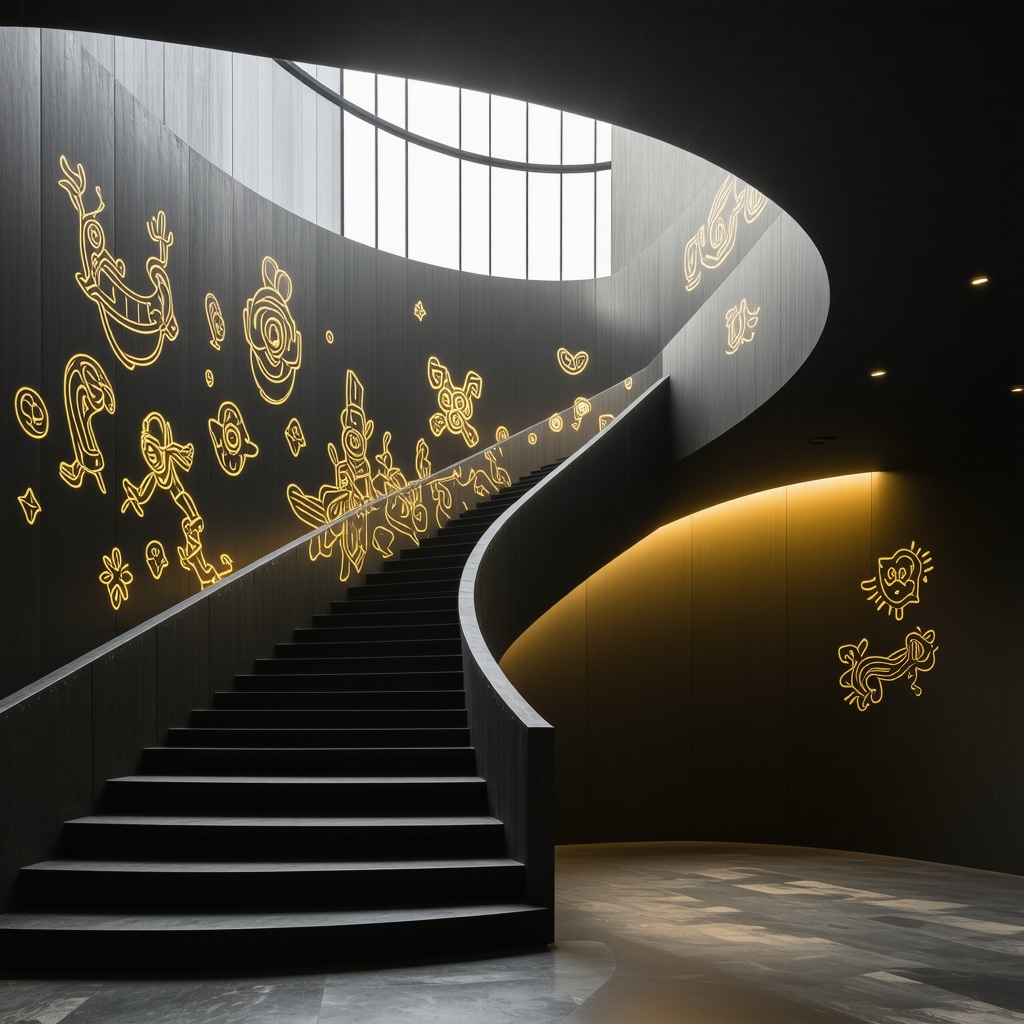 Escalera moderna con elementos ergonómicos y símbolos culturales de superstición y seguridad