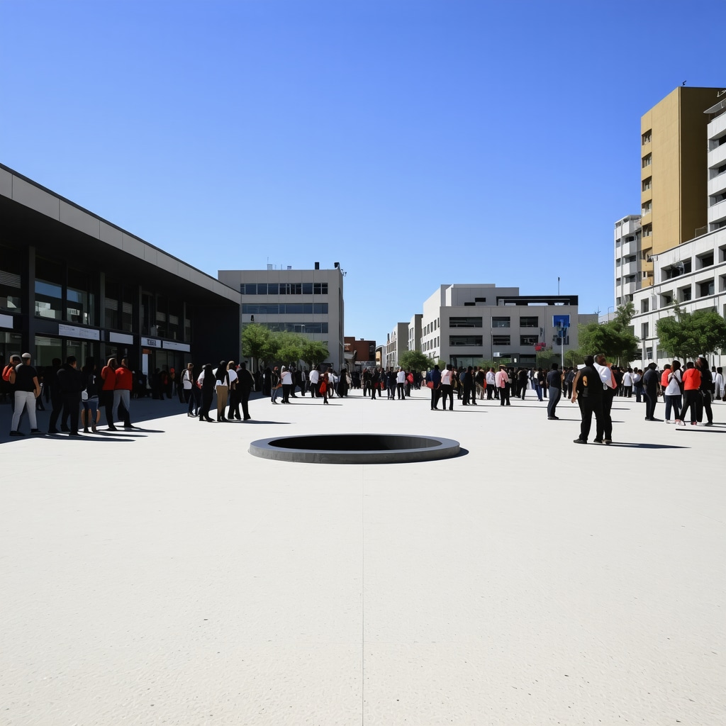 Plaza urbana moderna con símbolos culturales integrados y personas interactuando pacíficamente