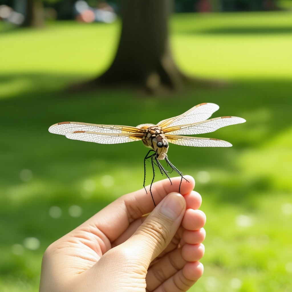 Close-up of a dragonfly on a person's hand with soft sunlight filtering through trees