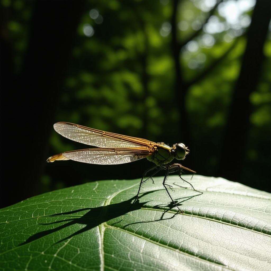 Close-up of a dragonfly on a leaf with forest background representing transformation