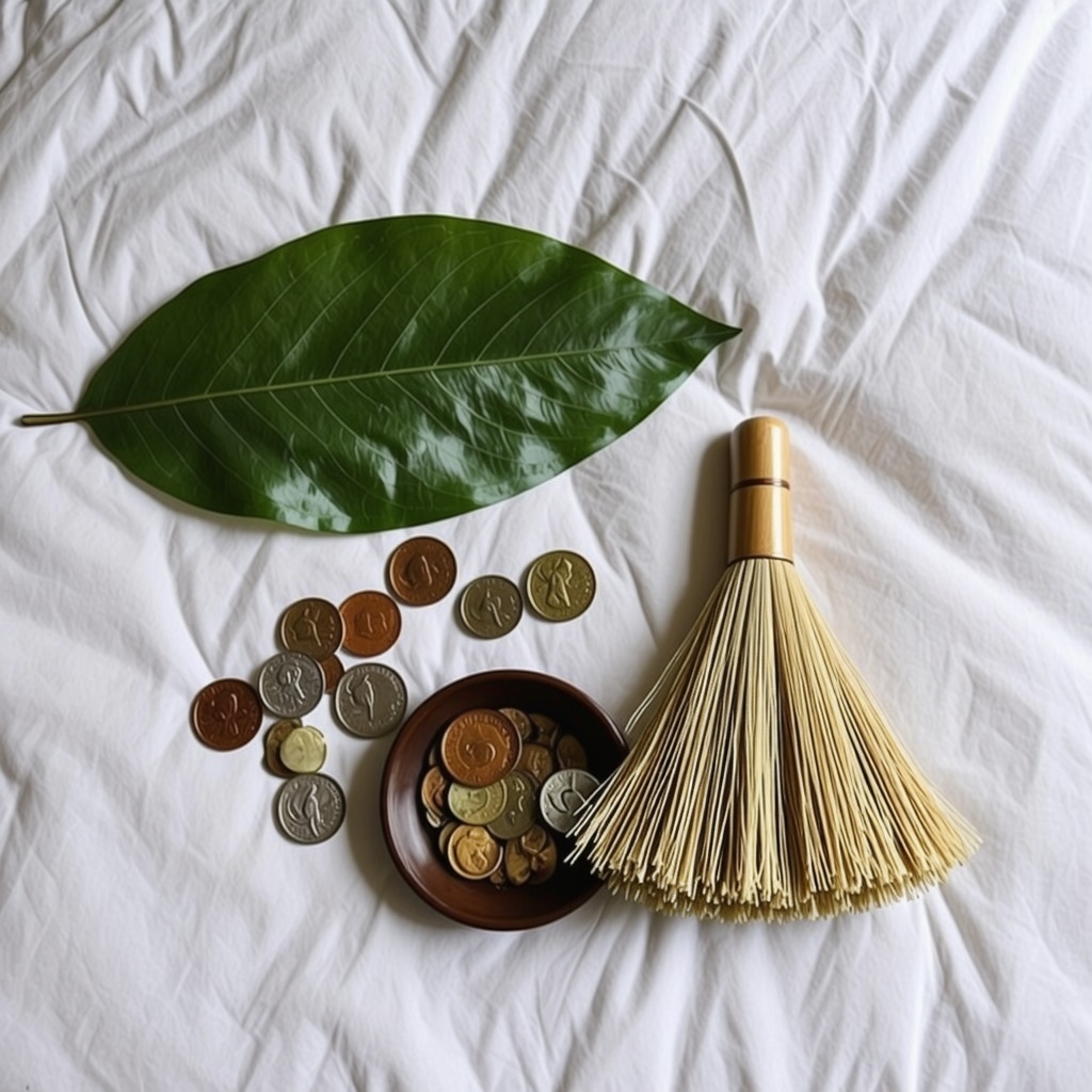 Symbolic Ecuadorian rituals with guayusa leaves, coins, and broom sweeping at dawn