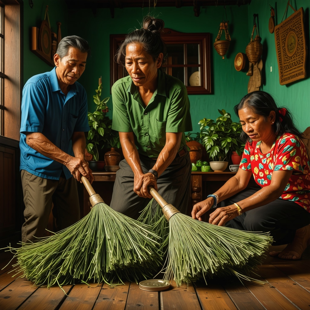 Ecuadorian family performing traditional New Year sweeping ritual with cultural symbols like guayusa and coin