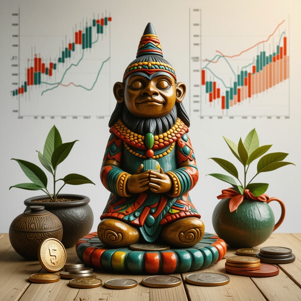Traditional Peruvian Ekeko figurine with modern financial symbols and mindfulness elements