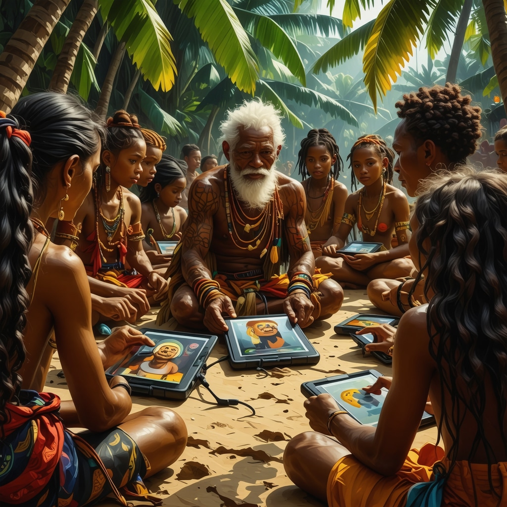 Oceanic elder sharing ancestral stories with youth using digital tablets in a tropical setting
