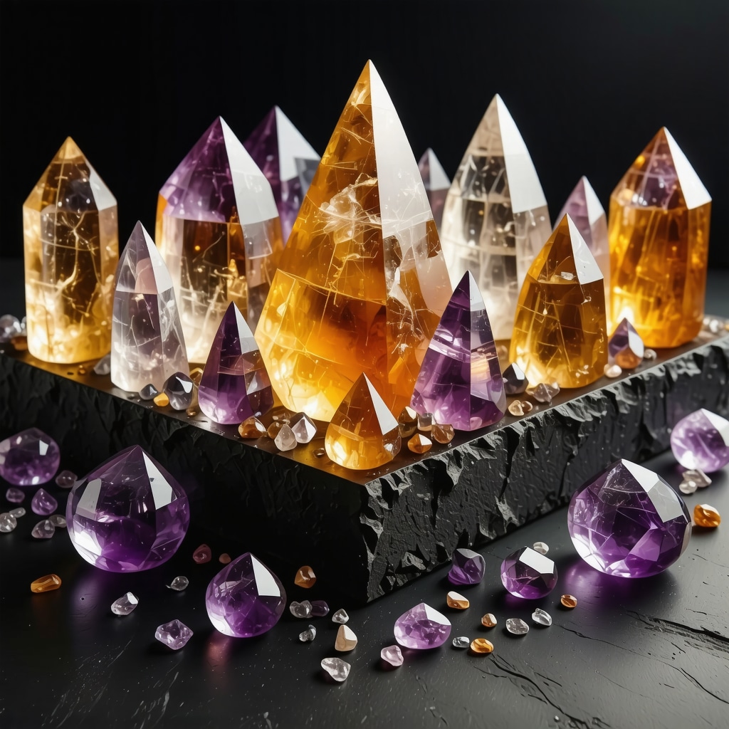 Polished gemstones arranged in pyramids and spheres emitting soft glowing light representing energy flow and quantum vibrations