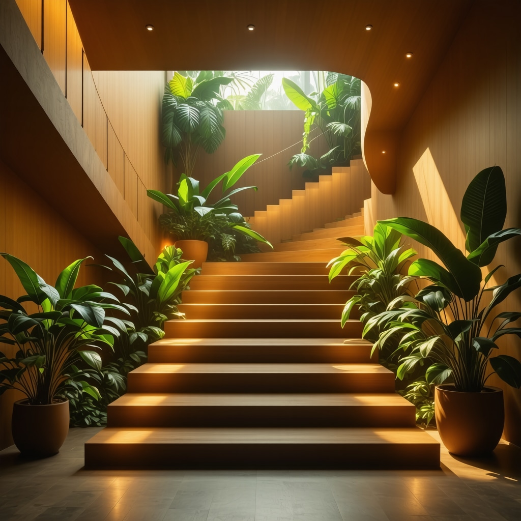 Escalera de madera moderna iluminada suavemente con plantas naturales para optimizar energía positiva en el hogar