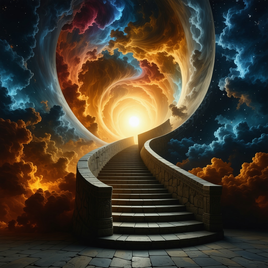 Ilustración artística de una escalera en espiral que asciende hacia un cielo luminoso con motivos culturales ancestrales y elementos modernos.