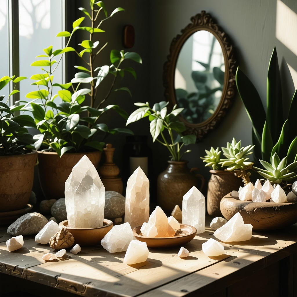 Habitación acogedora con cristales, espejos y plantas dispuestos para armonizar la energía