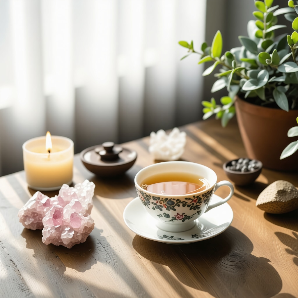 Ritual de bebida consciente en un espacio urbano con luz natural, té de hierbas, cristales y velas