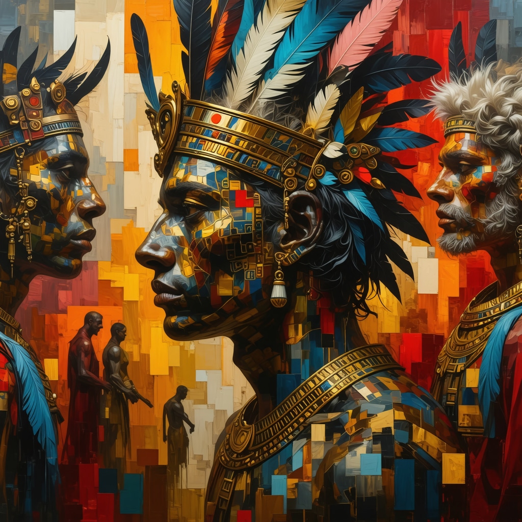 Collage blending ancient cultural symbols with modern digital motifs representing myth adaptation