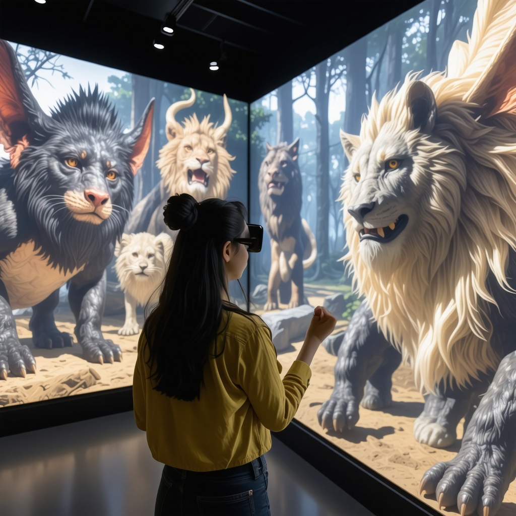 Visitors interacting with augmented reality displays of Paraguayan mythical creatures and cultural symbols in a museum environment