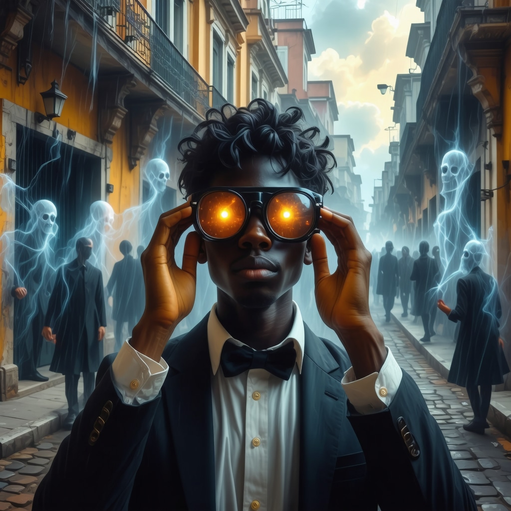 Persona usando gafas de realidad aumentada para explorar leyendas urbanas cubanas en un entorno digital moderno combinado con la Habana Vieja