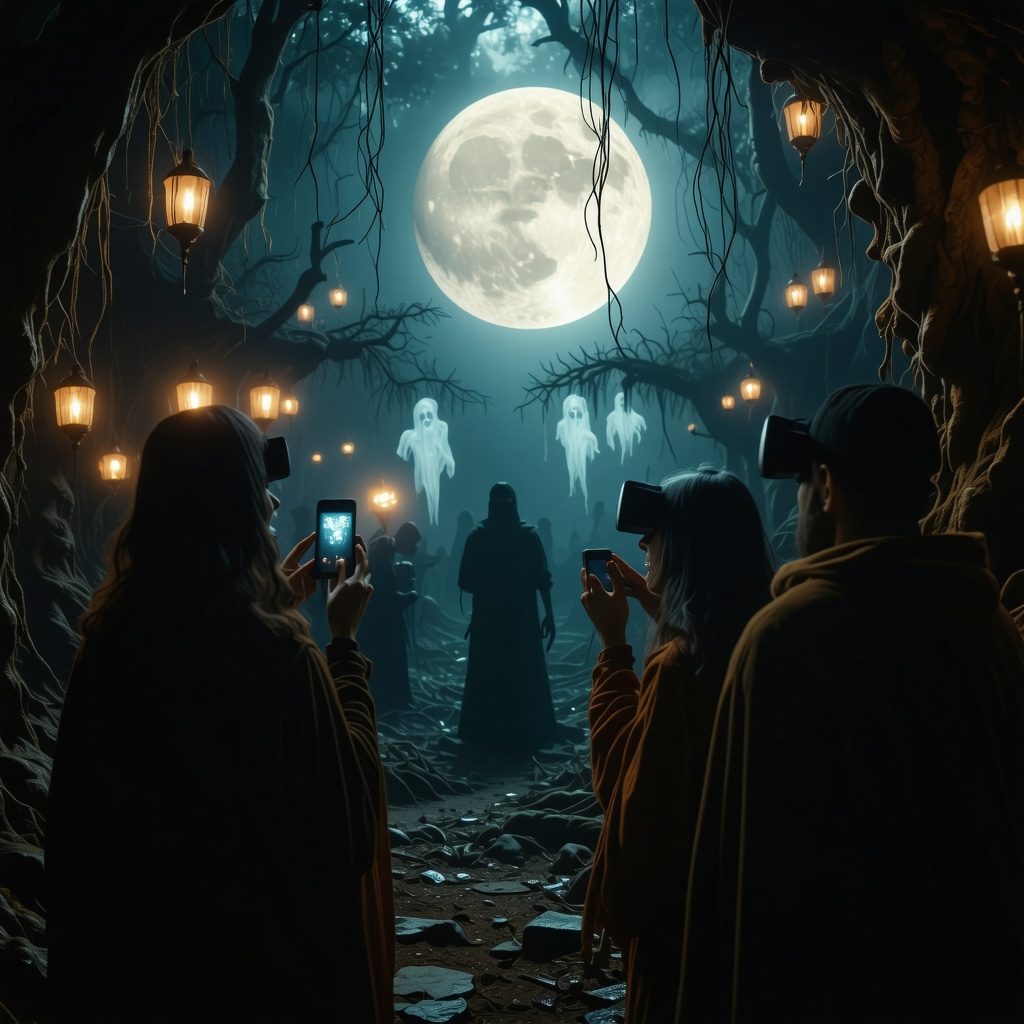 Personas usando realidad aumentada para experimentar leyendas de terror tradicionales durante Halloween