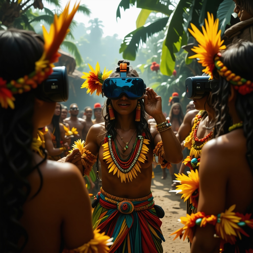 Usuarios interactuando con dispositivos hápticos en un entorno virtual que mezcla símbolos tradicionales cubanos y tecnología moderna
